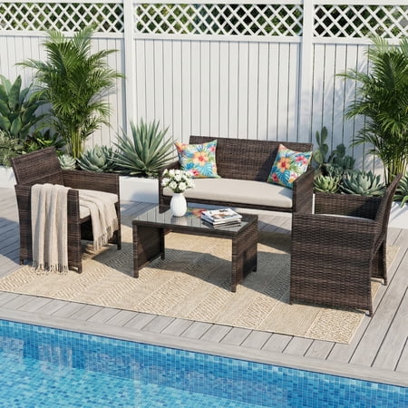 Garvee 4-Piece Outdoor Rattan Patio Bar Set Full Weave Wicker Conversation Set with Waterproof Cushions Brown Gradient Rattan with Beige Cushions