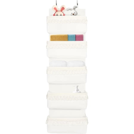 Over The Door Organizer, Boho Baby Nursery Decor Closet Hanging Diaper Organizer With Tassels Back Behind The Door Storage For Bathroom, Bedroom, Pantry, Dorm, Apartments (5 Pockets, White)