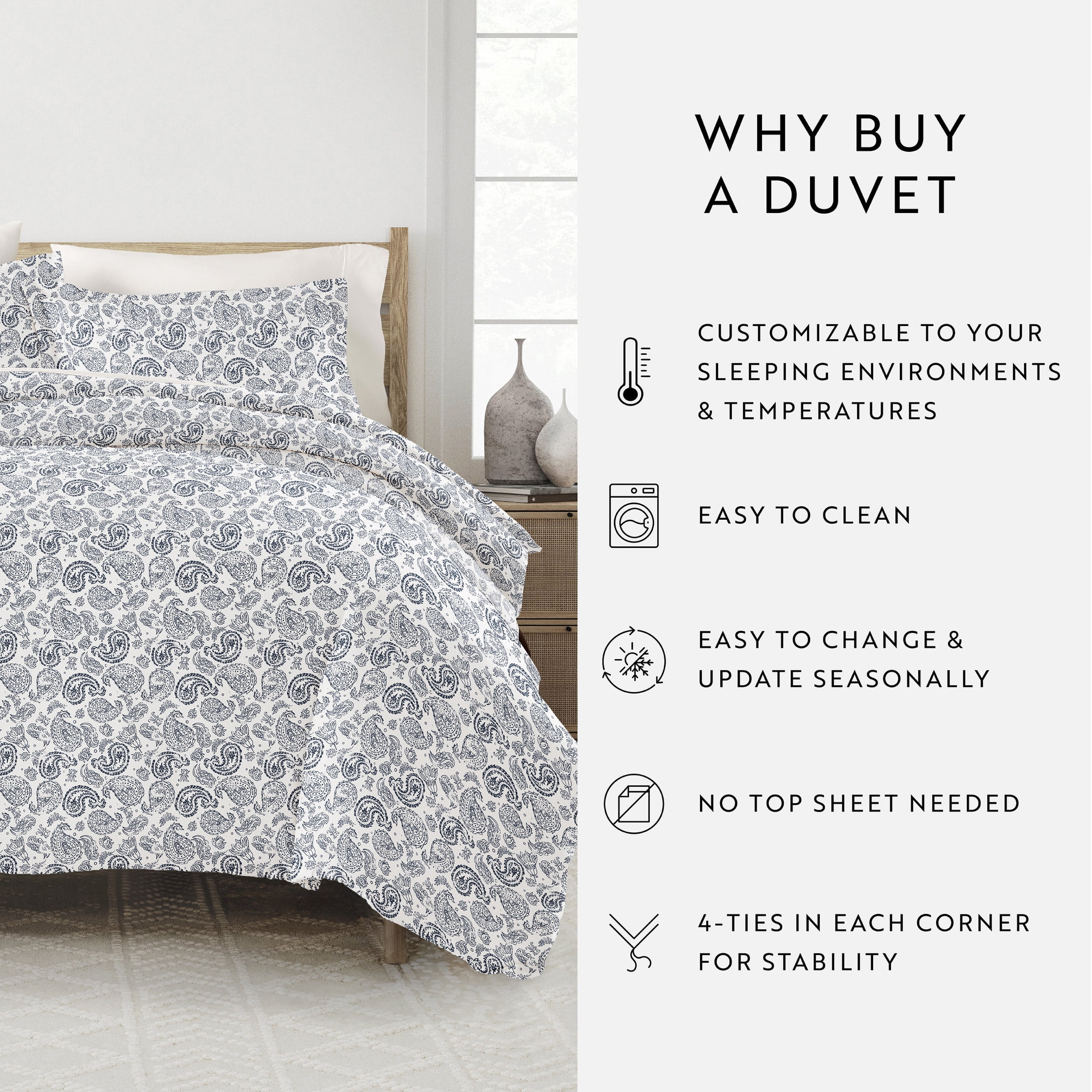 Noble Linens Navy Coarse Paisley Print Duvet Set 2-Piece Duvet Cover Set, Twin/TwinXL