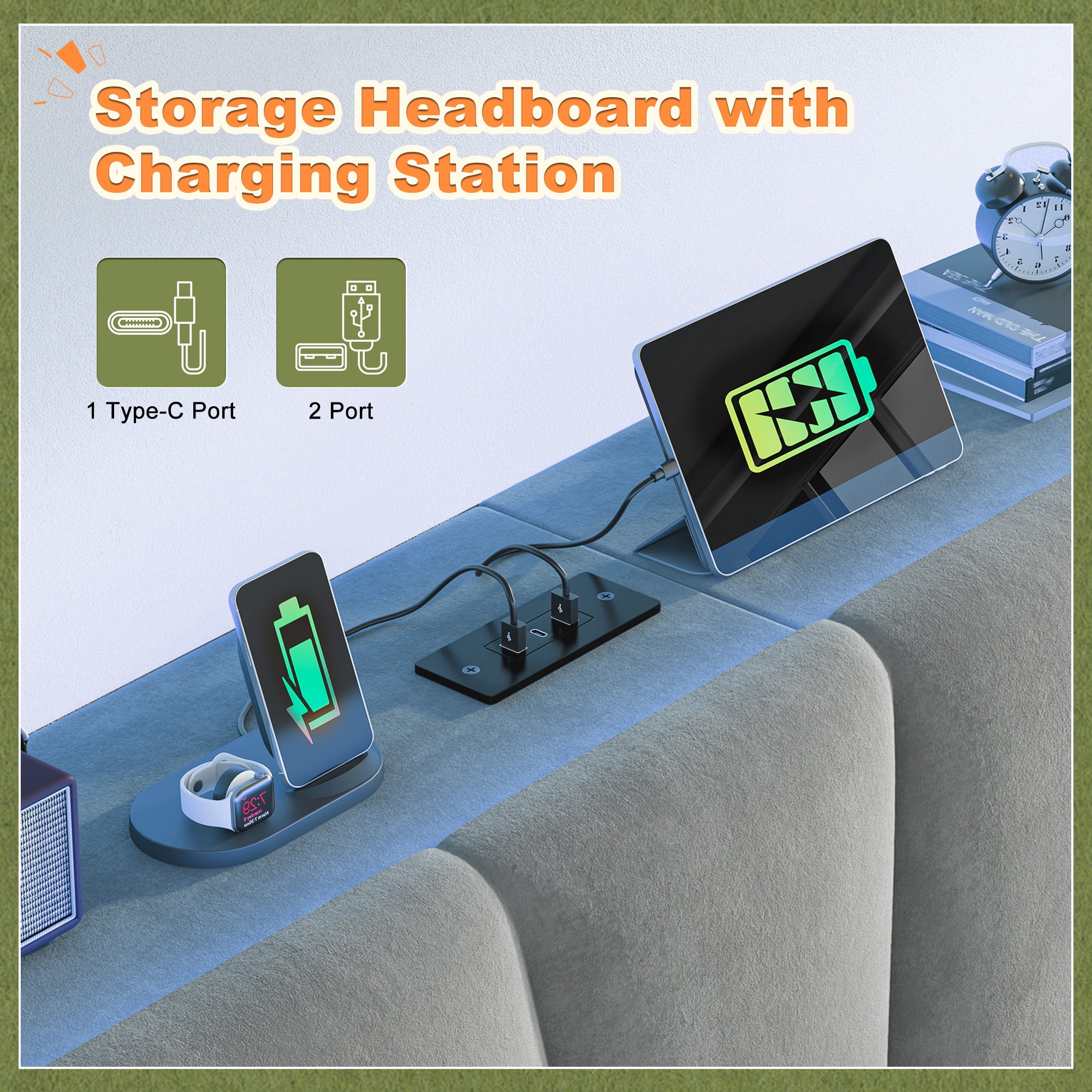 Upholstered Bed Frame with Headboard Queen Size Bed Frame with Charging Station & LED Lights & Storage,Gray