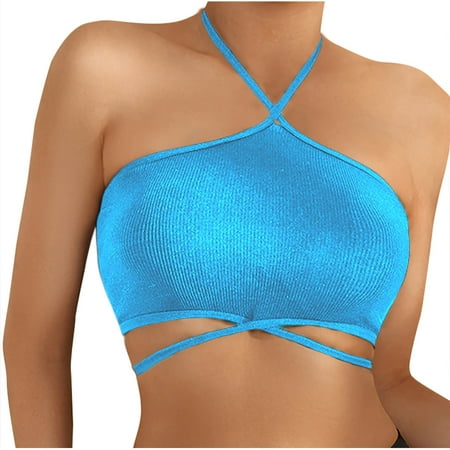 Kaemgyyd Halter Bra for Women Wireless Seamless Padded Backless Bralette Solid Color Ribbed Hollow out Everyday Bra