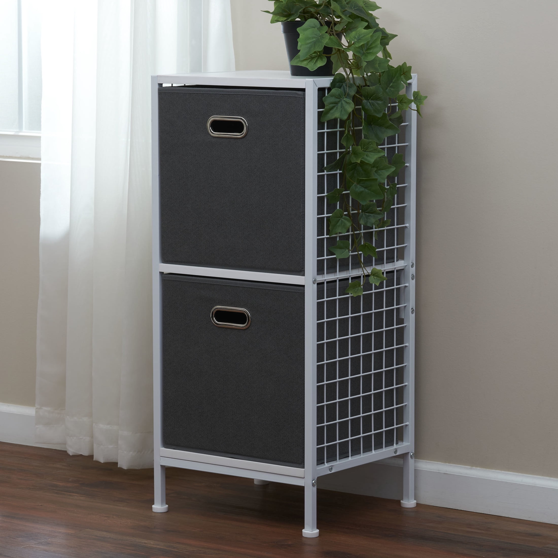 Household Essentials Fabric Storage Bins 2 Piece Set, Strong Poly-Woven Fabric, Sturdy Chipboard Sides, Grommet Front Handle, Stackable and Foldable, Classic Design, Black Cobblestone