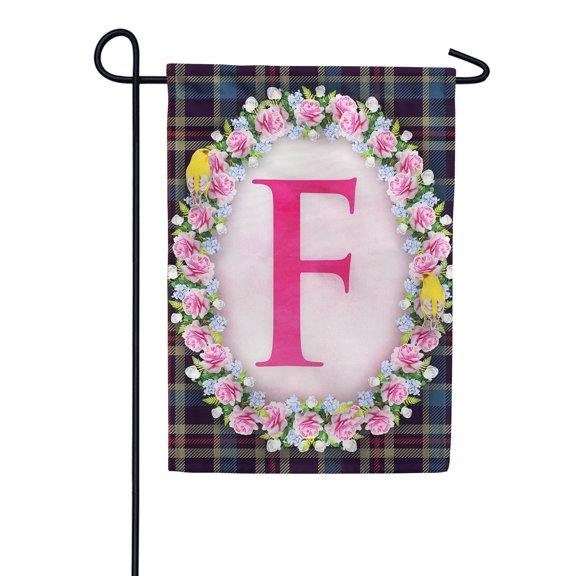 America Forever Spring Monogram Garden Flag Letter F 12.5 x 18 inches Double Sided Vertical Outdoor, Yard, Lawn, Seasonal Decorative Yellow Flowers, Pink Rose, Floral Wreath Garden Flag