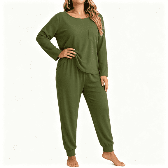 CAZOFW Pajamas for Women Plus Size,2 Piece Long Sleeve Top,Long Pant Loungewear Pjs Sizes XL-5X