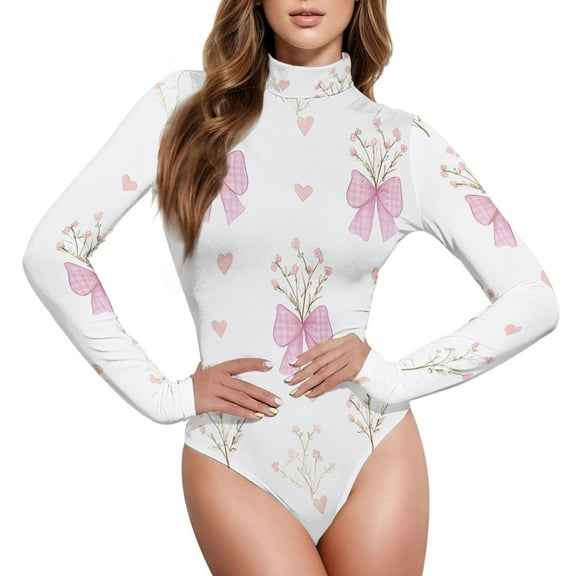 joogoo Flowers on Bows Women's Mock Turtle Neck Long Sleeve Bodysuit L