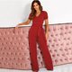 thumbnail image 2 of Gibobby pantalones siameses de pierna ancha Pantalones de manga corta con cuello en V de color sólido para mujer con correa en la cintura de temperamento de verano(Rojo， XXL), 2 of 5