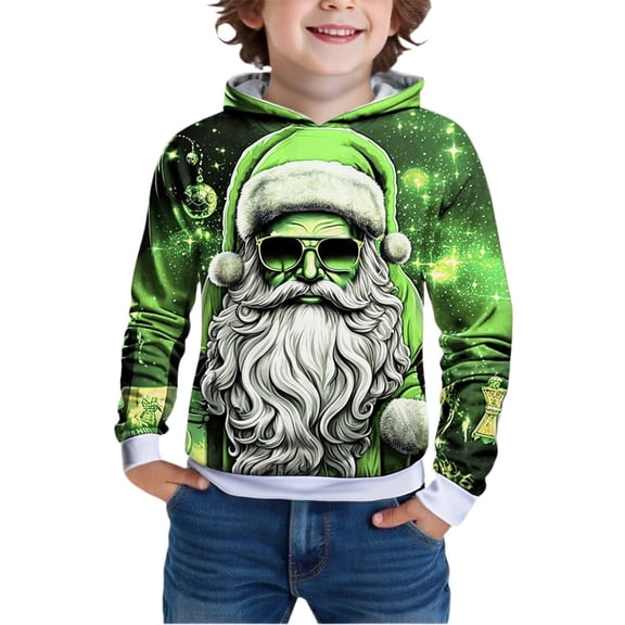SonxaHe Toddler Boys Christmas Hoodies Santa Print Loose Hooded Sweatshirt Child Holiday Festive Stylish Winter Hoodies Green,Sized 3-4