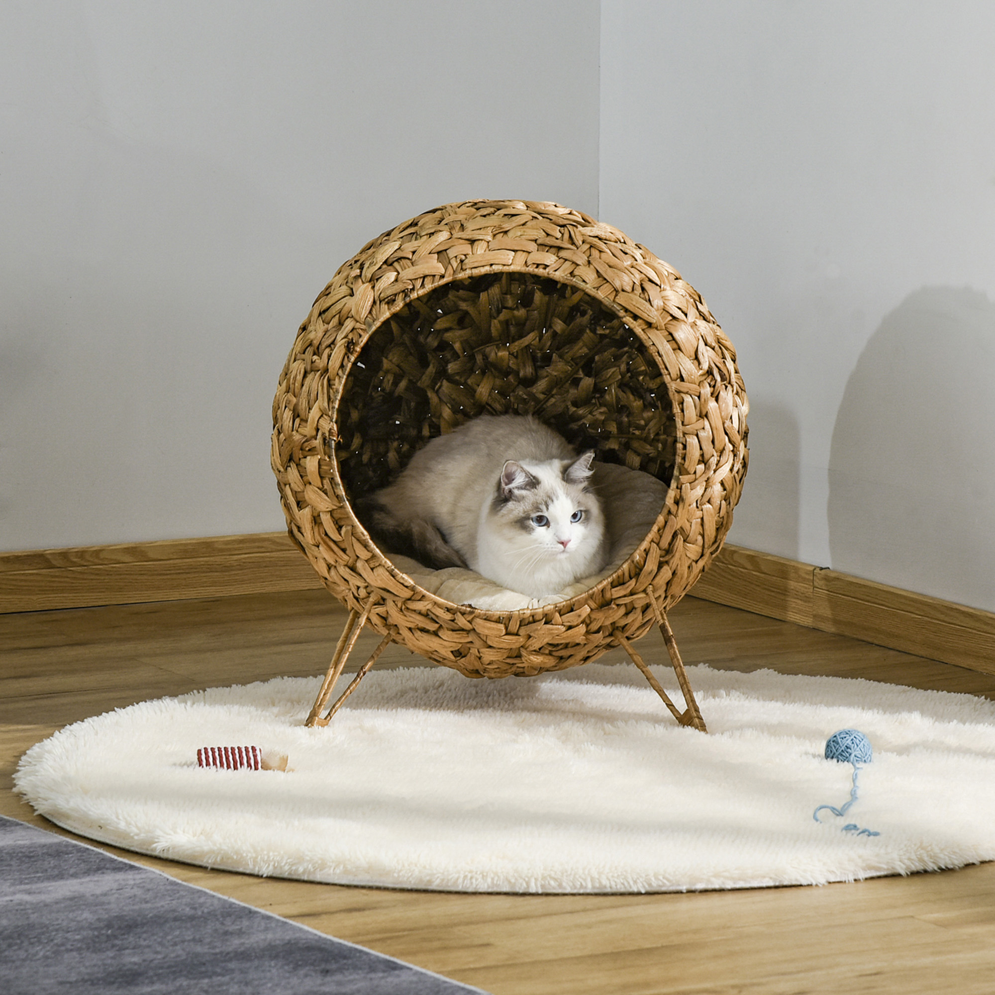 Jatmira Natural Cat Bed Straw Nest Woven Pet House Handmade Braided Cattail  Leaf with Soft Cushion 17 x 17 Inches