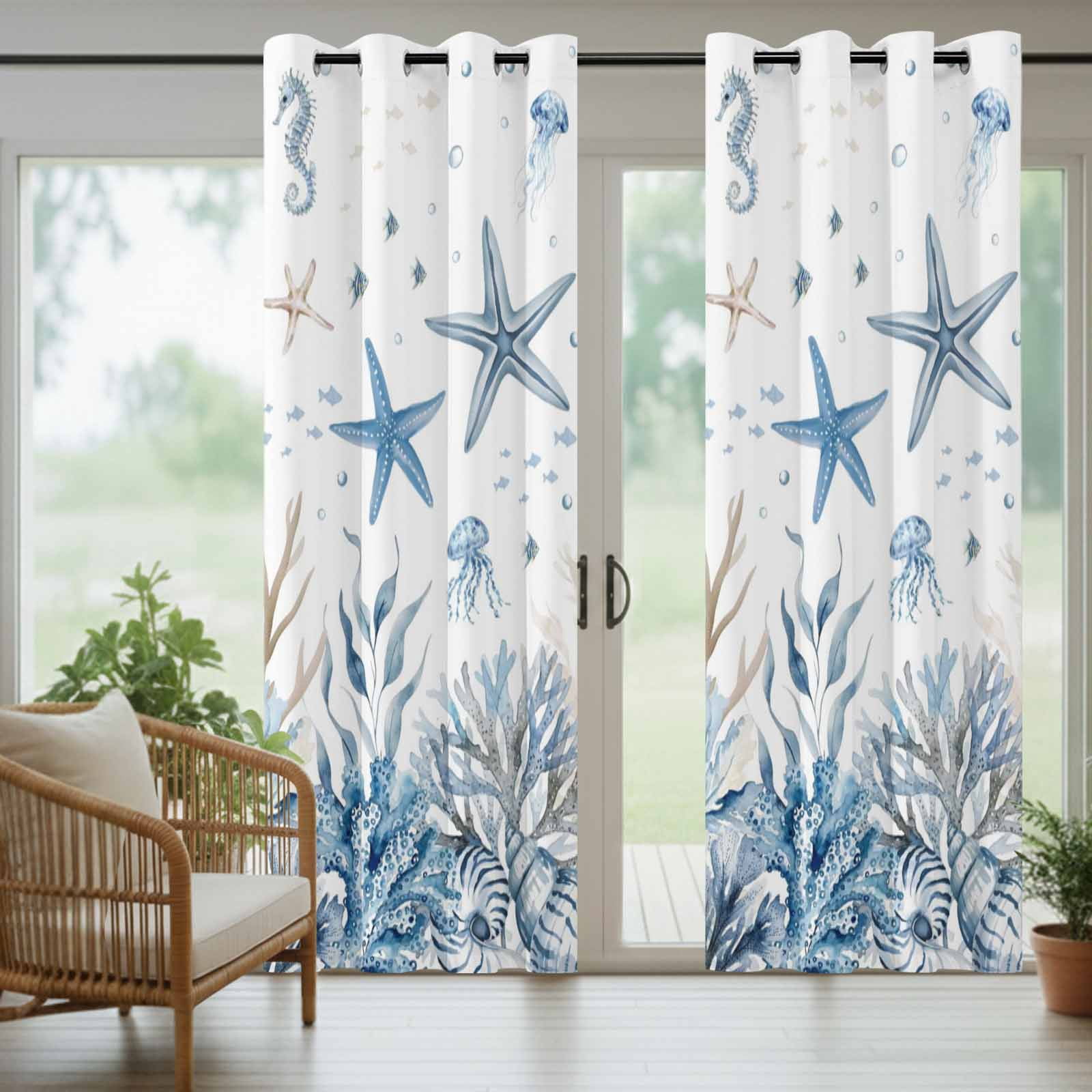 Ocean Starfish Outdoor Curtains for Patio, Nautical Coastal Jellyfish Seahorse Coral Seaweed Seashell Sunshade Privacy Drapes Grommet Waterproof Outside Curtains for Porch Balcony 54"x108", 1 Panel