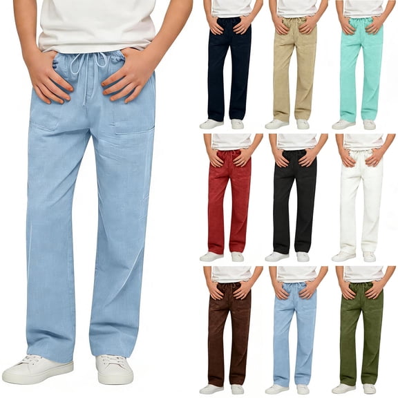 AHTJRT Straight Leg Pants for Girls Boys Kids Drawstring Lightweight Sweatpants with Pockets Cooling Breathable Cotton Trousers Wine 12-13 Years
