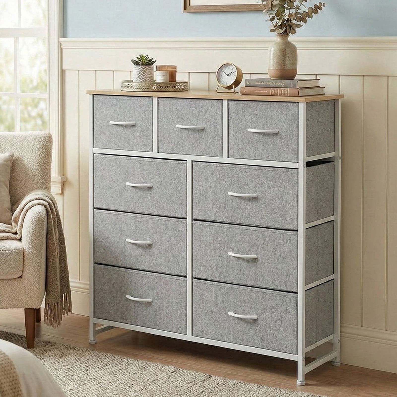 edx 9 Drawers Fabric Dresser for Bedroom, Drawer Organizer Storage Cabinet for Closet, Clothes, TV Stand, Light Gary