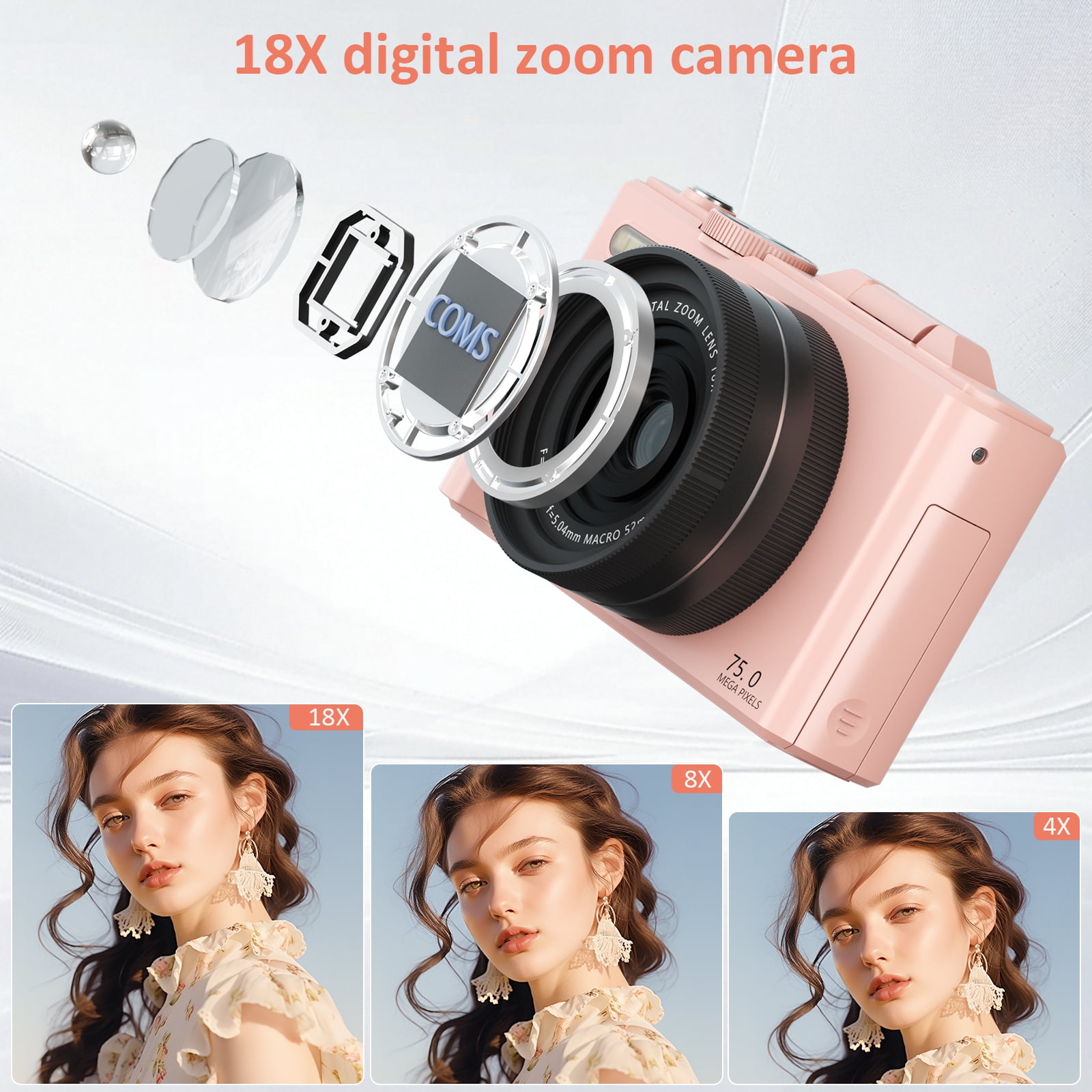 XLURC 5K Digital Camera for Photography with Wifi, 75MP Vlogging Camera for YouTube with 3" 180° Flip Screen, 18X Digital Zoom with 32GB Micro SD Card & 2 Batteries (Pink)