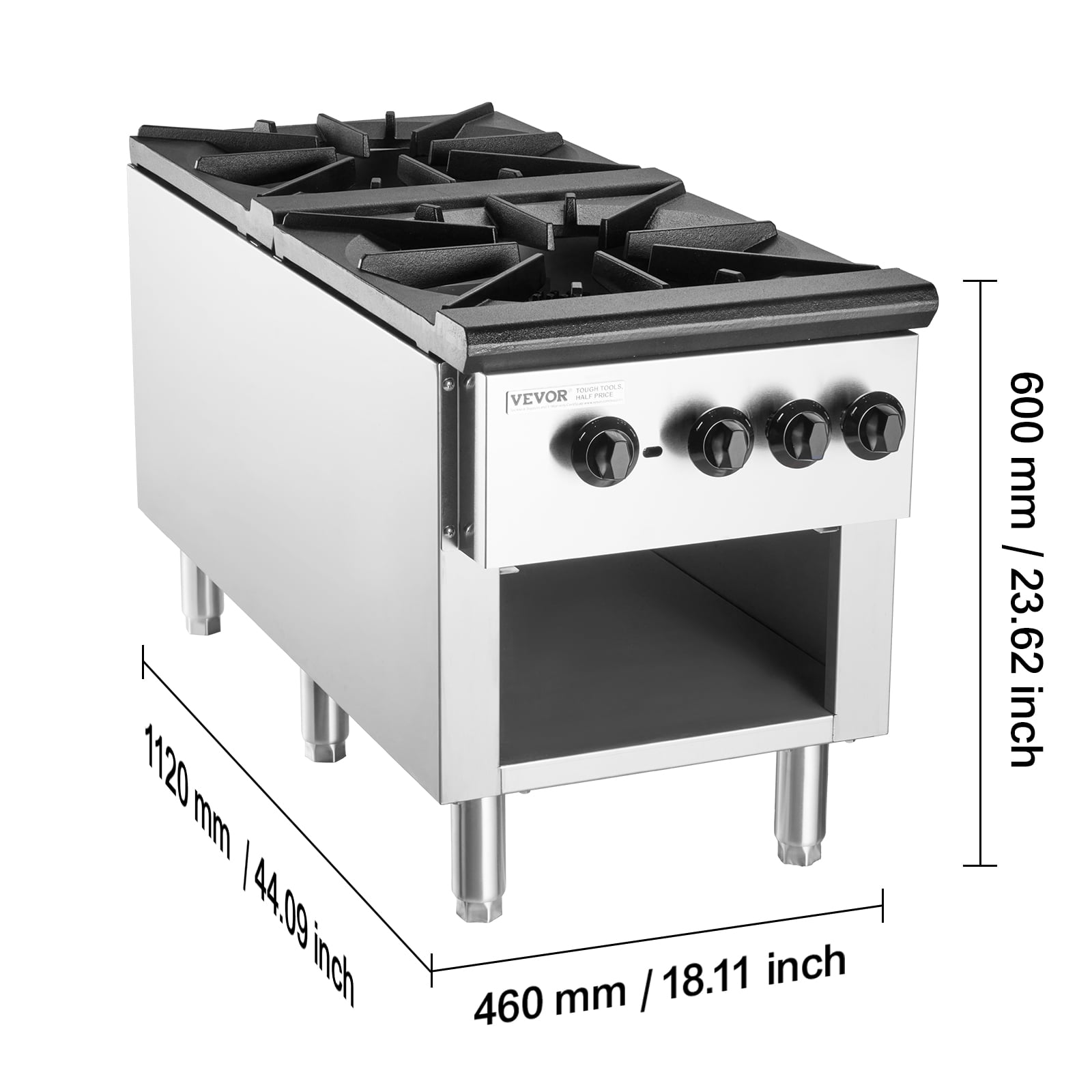 VEVOR Commercial Gas Stove with 2 Burners, Propane and Natural Gas Countertop Cooking Stove Range, Stainless Steel Gas Hot Plate, Commercial Cooking Equipment for Restaurant, 180,000 BTU