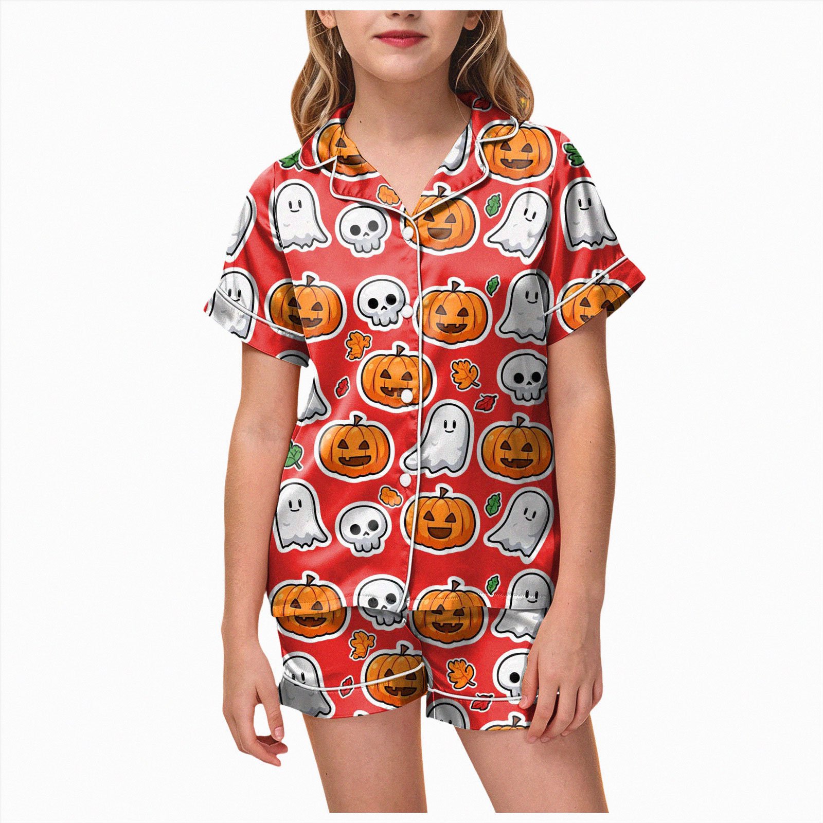 NOLDARES Halloween Pajamas Girls Cute Funny Pumpkin Ghost Print Pjs Sets Short Sleeve Button Down Shirts and Shorts Sleepwear(R101-Red)