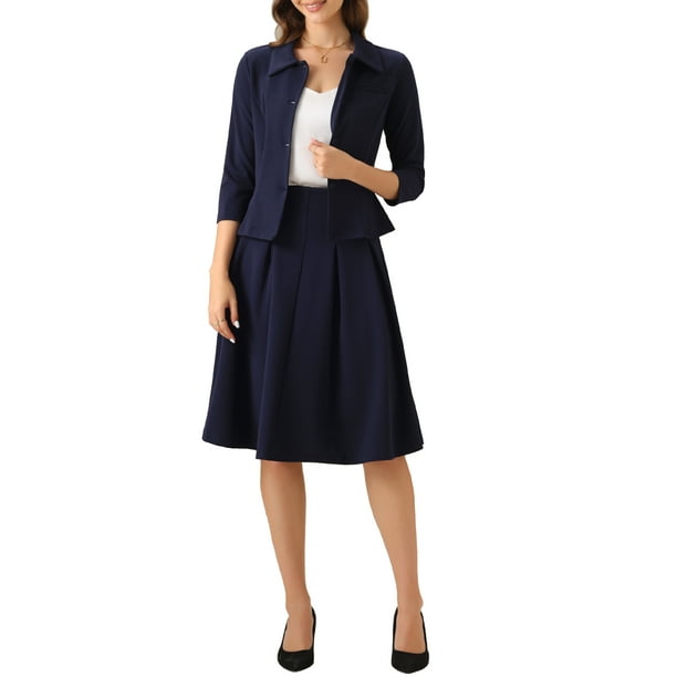 Conjuntos de traje de falda inspiradores y elegantes para mujeres, 2 piezas, oficina, chaqueta de blazer de 3/4 de manga, faldas plisadas, XL, azul oscuro