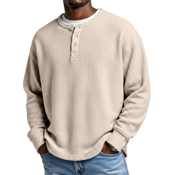 Lumtrix Men's Waffle Henley Shirts Crewneck Lightweight Top Long Sleeve Causal Button Down Pullover T Shirt Khaki 3XL