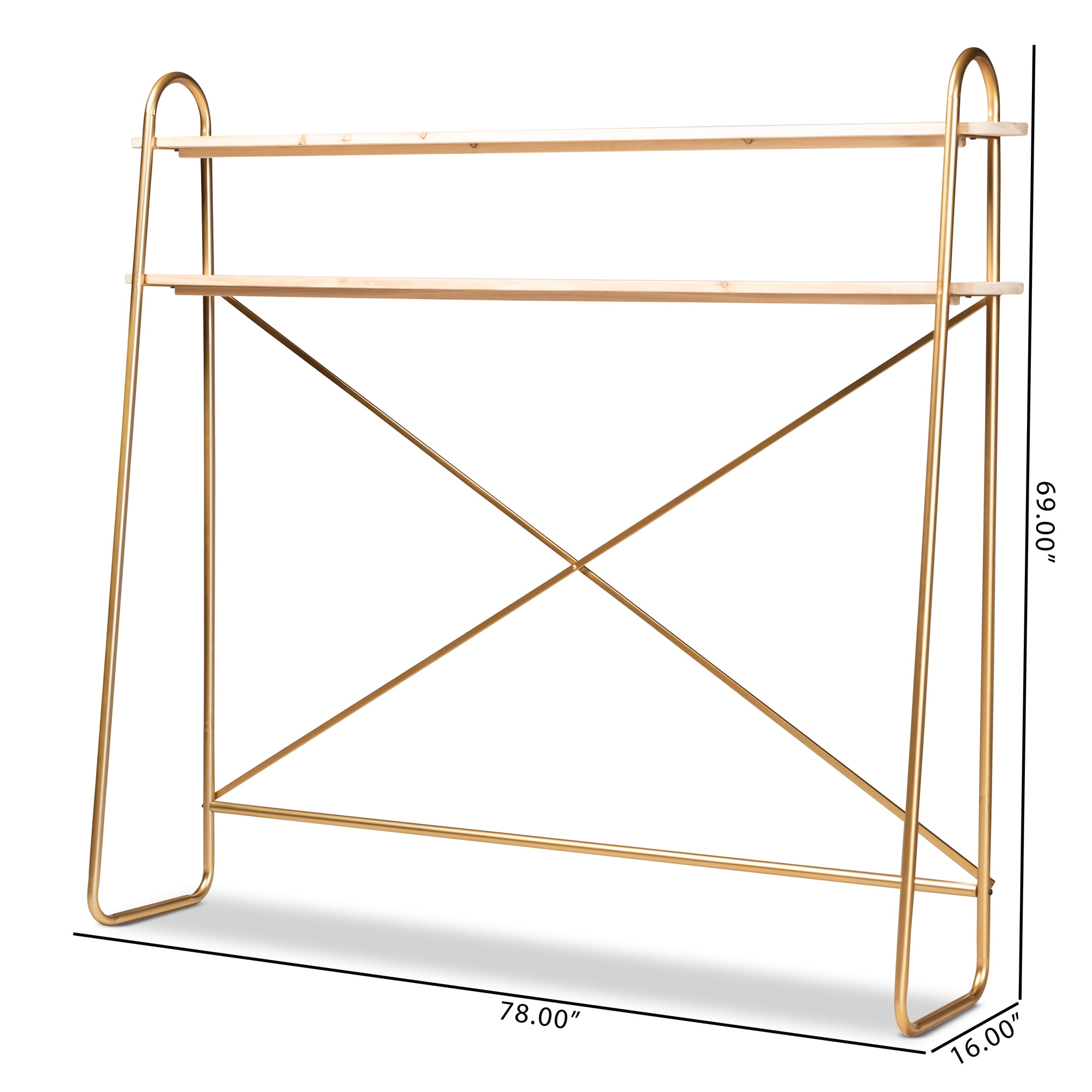 Baxton Studio Merida Glam and Luxe Brushed Gold Finished Metal and Natural Brown Finished Wood 2-Tier Over Bed Queen Size Storage Display Shelf