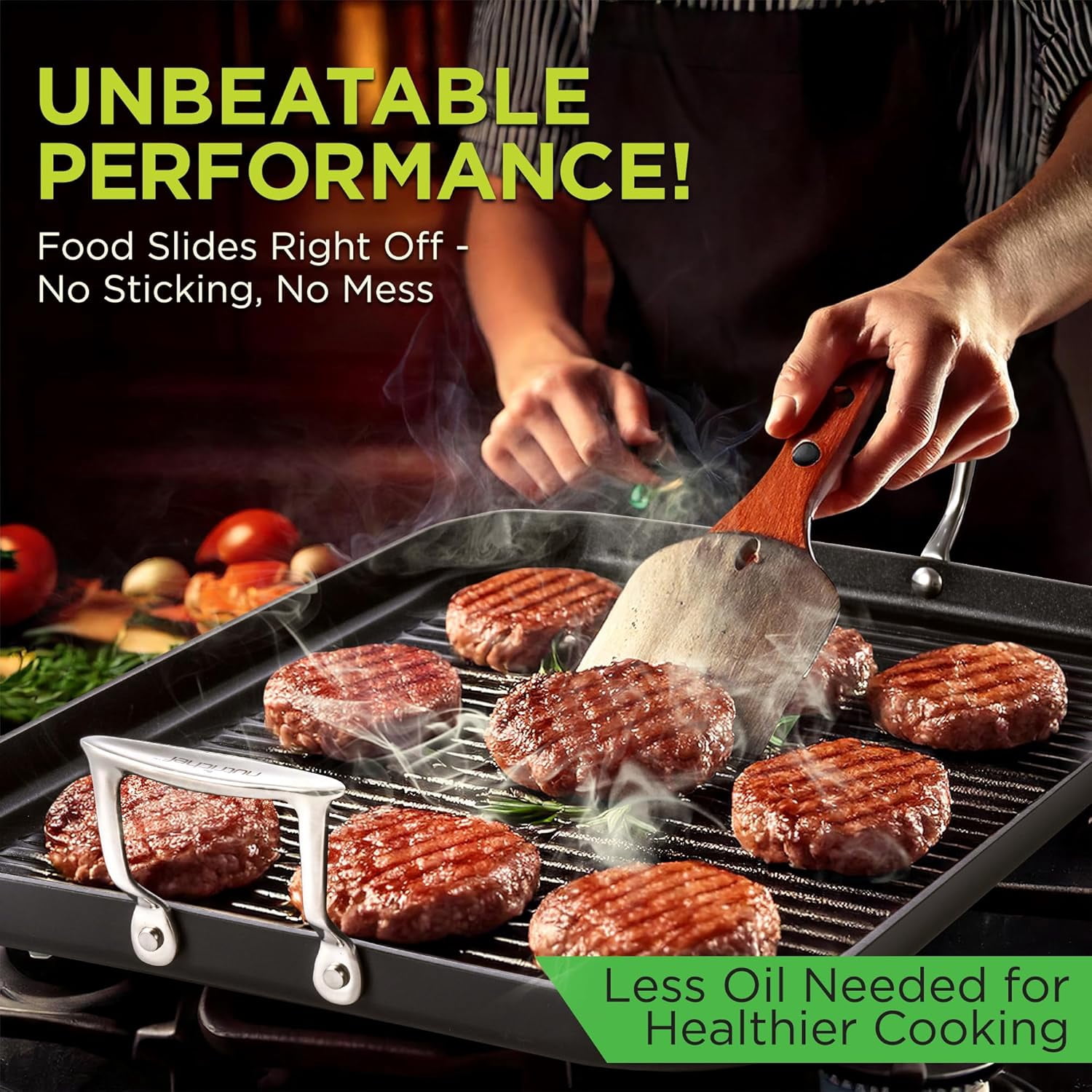 Nonstick Stove Top Grill Pan Need two Burners 20" & 13" Hard-Anodized Non stick Grill & Griddle Pan - Kitchen Cookware ,High Ridges, Strong Riveted Handles, Cool Touch Handles