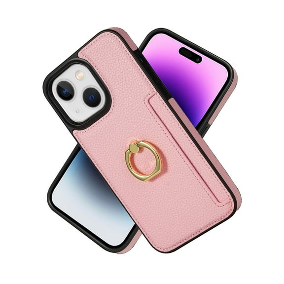 iPhone 13 Wallet Case, iPhone 13 Cover, With Ring Holder Stand Premium PU Leather Cards Holder Shockproof Anti-Scratch Protective Phone Case for Apple iPhone 13 - Pink