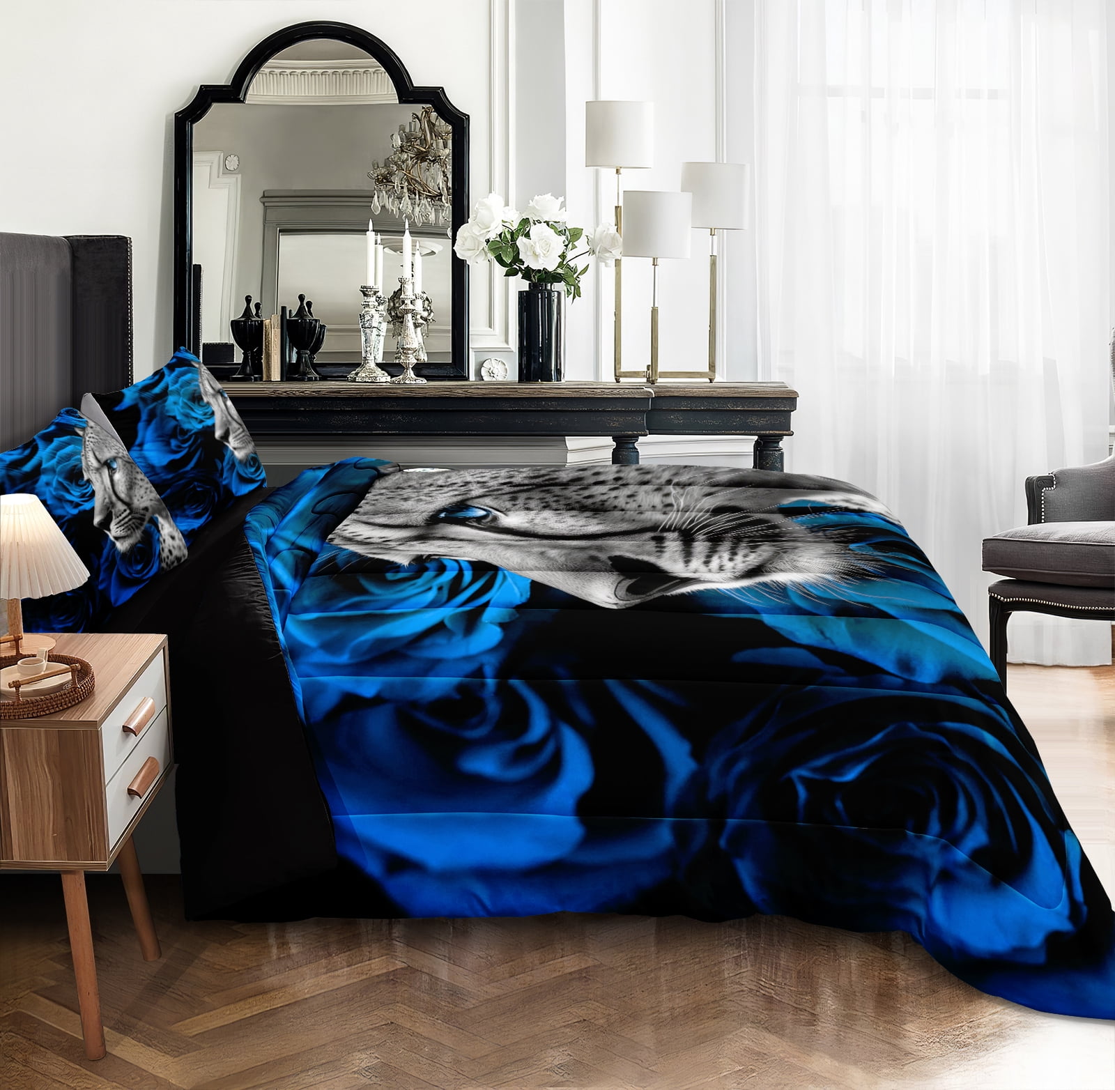 Move Over Cheetah Comforter Set 4 Pieces Blue Leopard Print Bedding Set Soft Microfiber Wild Animal and Blue Rose Bedding Set