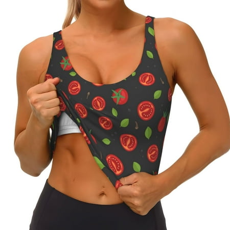 Qokaie Tomatoes1 Pattern Womens Scoop Neck Sports Bra Breathable Workout Vest Padded U Back Medium Impact Fitness Gym Yoga Bra Workout Crop Top