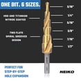 thumbnail image 5 of NEIKO 10603A Step Drill Bit, 6 Steps 3/16" to 1/2" Spiral High Speed Steel, Titanium Nitride Coated, 1/4" Tri Flat Step Bits for Steel, Metal, Wood, Plastic, Unibit Cone Drill Bits, Two Flute, 5 of 7