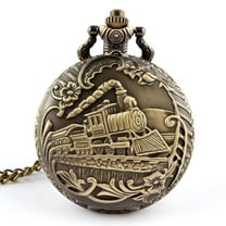 DESIGNICE Pocket Watch, Unisex Antique Case Vintage Brass Rib Chain Train Pattern Quartz Pocket Watch