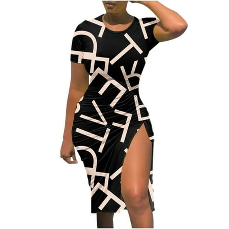 

Wedding Guest Dresses for Women Pink Dress Women s Sexy Summer Short Sleeve Crew Neck Printed Drawstring Slitting Dress Summer Dresses for Women 2022 Maternity Dress for Photoshoot Black XL