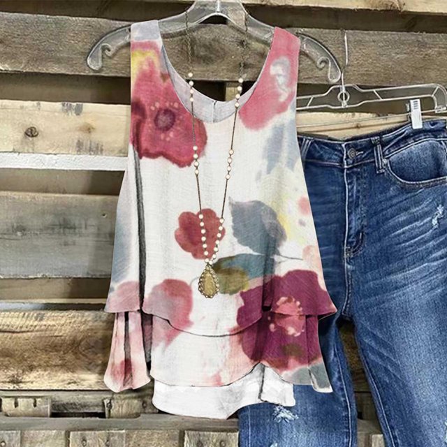 ICHUANYI Clearance Women's Sleeveless Summer Casual Round Neck Printing Sleeveless Vest Tops Blouse(Red, S) ICHUANYI WER2023081015468