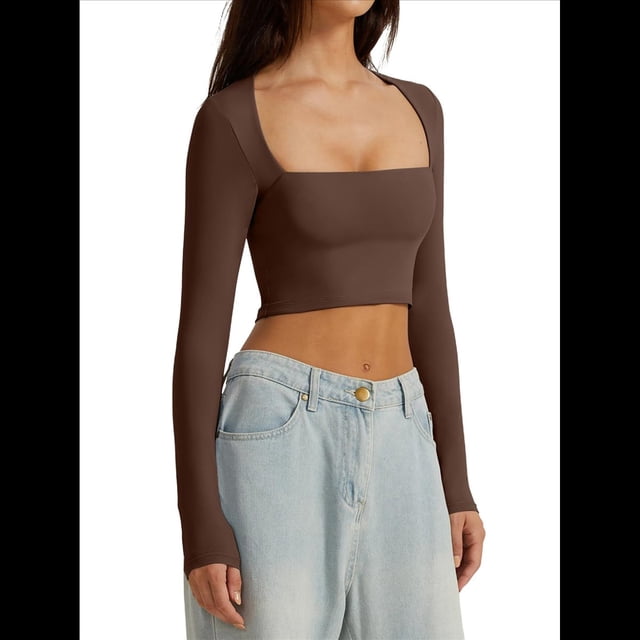 Top Corto Básico Informal Ajustado con Doble Forro, Cuello Cuadrado y Larga para Mujer Marrón Oscuro XL