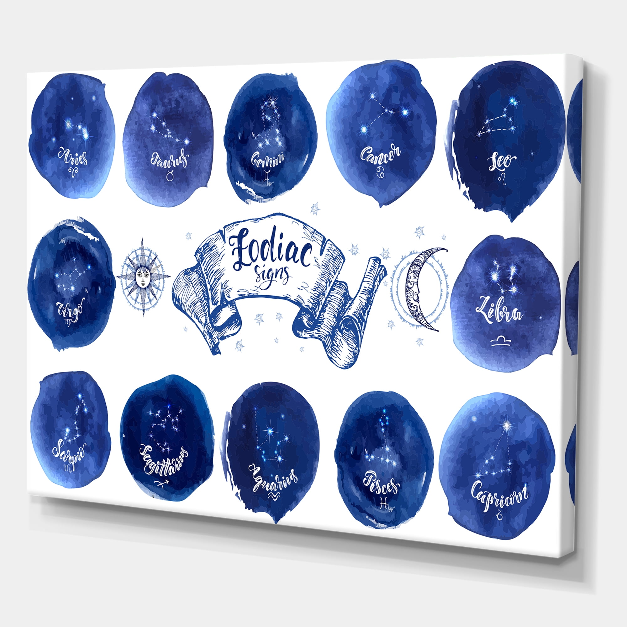 Designart ' Collection of Astrology Signs On Blue Circles ' Modern Canvas Wall Art Print