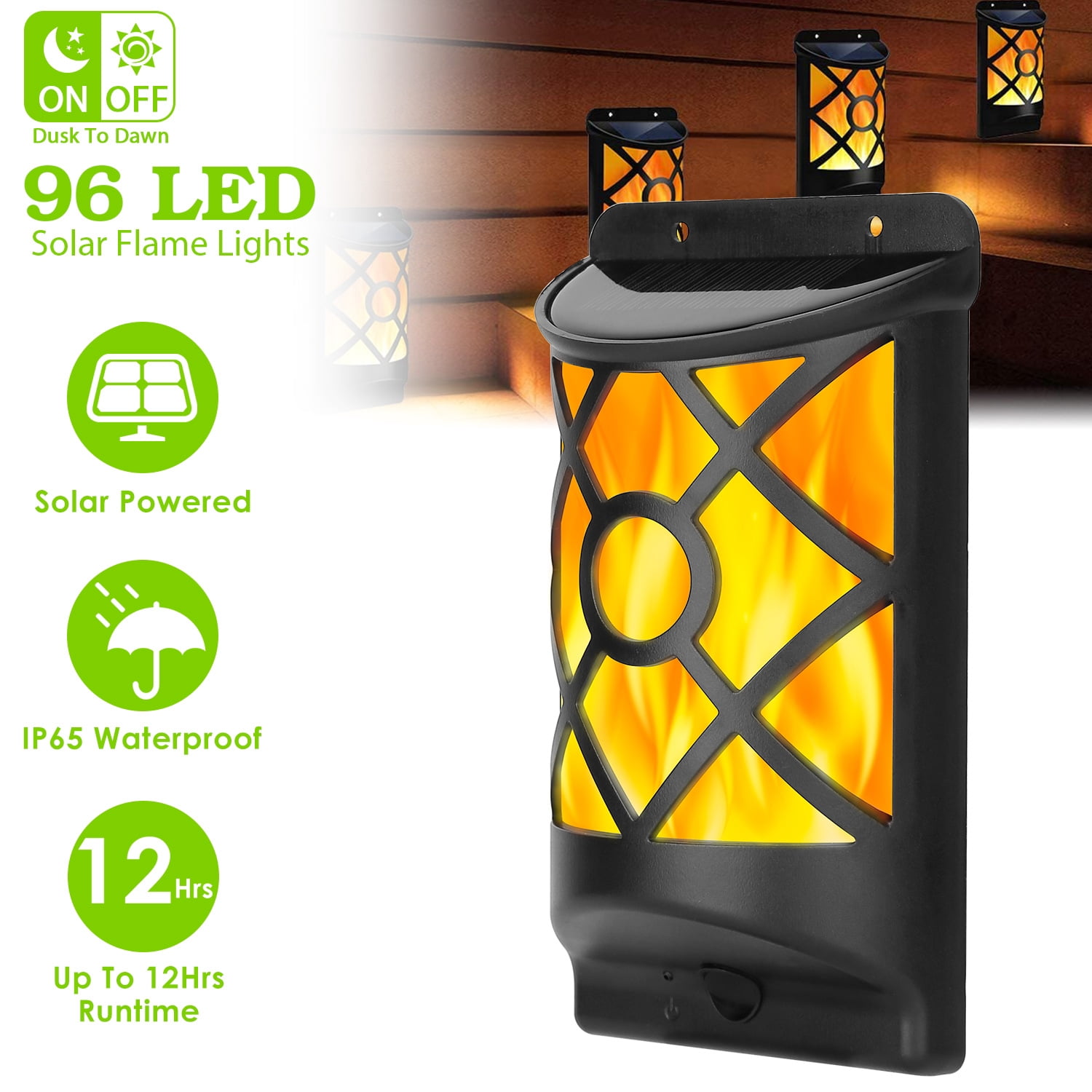96 LED Dancing Flame Solar Stake Lights with Light Sensor Auto On Off, 1200mAh Battery Up To 12 Hours Working IP65 Waterproof ABS Landscape Lighting for Yard Patio Pathway Lawn