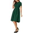 thumbnail image 4 of INSPIRE CHIC Women's Round Neck Short Sleeve Pleated Vintage 1950s Midi Dress L Dark Green, 4 of 8