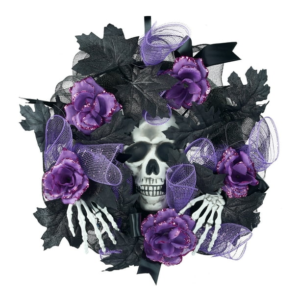 Way to Celebrate Skull and Purple Rose Halloween Wreath, 16