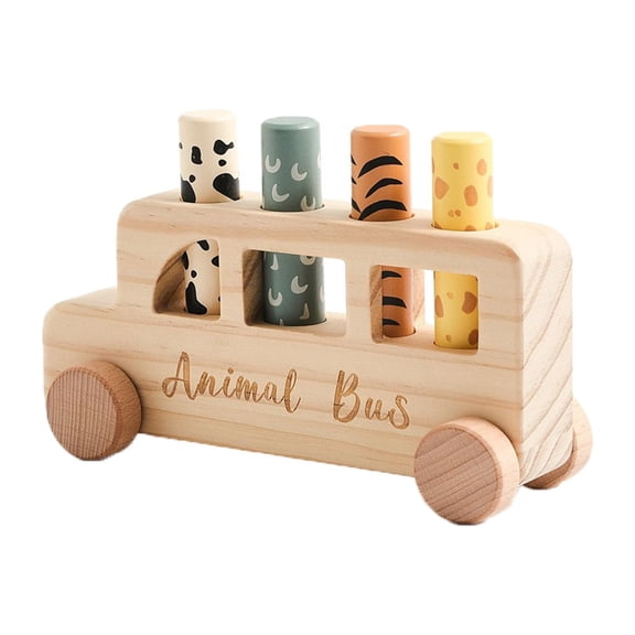 Push Toys Wooden Animal Bus Hobby Playset 1 Year Old Birthday Gift for Young Puzzle Sensory Toys Set with 4 Themed Peg Figures for Activity and Play