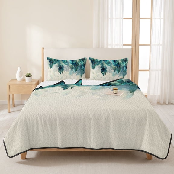 3 Pieces Queen Quilt Set,Watercolor Realistic Peacock Feathers Soft Bedding Sets with 1 Quilt & 2 Pillow Shams,Teal Art Summer Bedspread Lightweight Coverlet Comforter for All Season