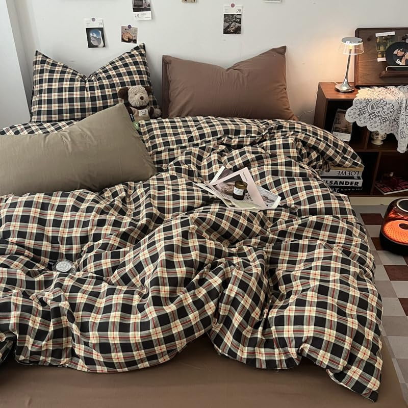 JOLUSERE Black Beige Plaid Duvet Cover Twin Set, 2-Piece Vintage Grid Checkered Pattern Soft Gray Comforter Cover