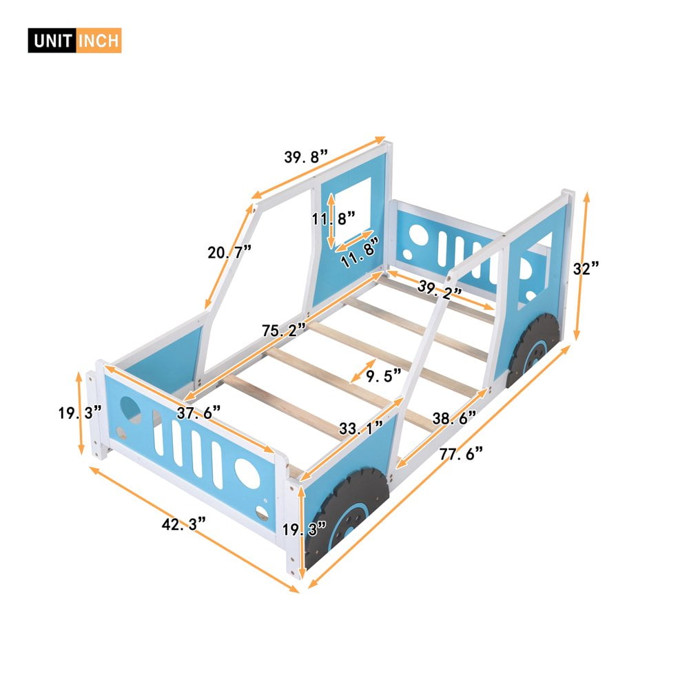 Hassch Twin Size Platform Bed Classic Car-Shaped Wooden Bed Frame with Wheels for Bedroom Playroom, Blue