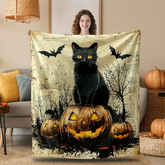 Black Cat Blanket Super Soft - Halloween Throw Cozy Flannel Plush for Adults Kids, Cute Christmas Birthday Gift, Spooky Decor for Couch Bed 50" x 60"