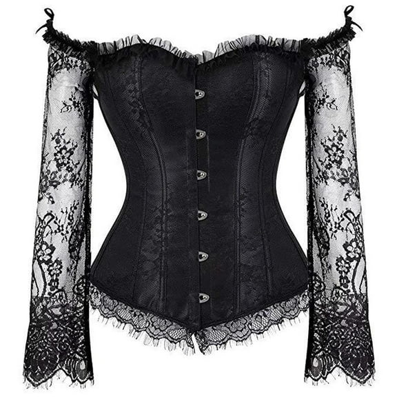 ZOELNIC Corset Tops for Women with Sleeves, Bustier Overbust Lace Up Bodice Lingerie, Vintage Steampunk Strapless Party Club Shirt, M