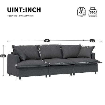 Newboti Furniture 94*35" 3 Seat Sofa Module for Modular Sectional Sofa,Wide Seat,Chenille Cloud Couch with Throw Pillows,Upholstered Indoor Furniture for Living Room,Bedroom,Apartment 26332