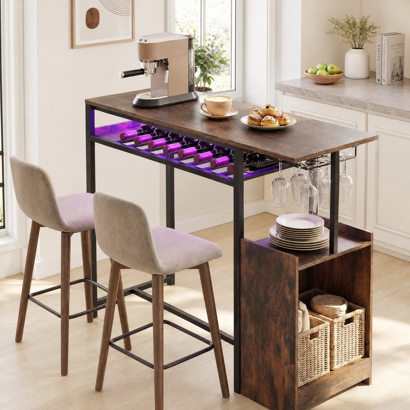 Furnibear Rectangular Bar Table with Charging Station and LED Light for Kitchen Dining Bar Bistro Pub Home Counter Height, Rustic Brown
