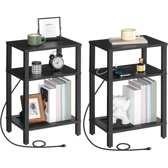Side Table with Charging Station, Set of 2 End Tables with USB Ports and Outlets, 3-Tier Storage Shelves Nightstand, Sofa Table for Bedroom, Living Room, Black