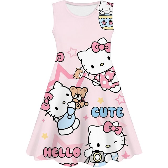 Nouvelle Robe d'Été pour Enfants 3-12 Ans Hello Kitty Sans Manches Filles Imprimé Dessin Animé Chemises de Nuit Robes de Fête Pyjamas