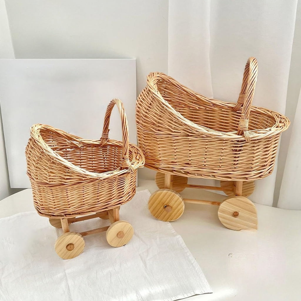 Zeiwohndc Rattan Stroller Shaped Flower Basket with Wheels Hand Woven Small Pushcart