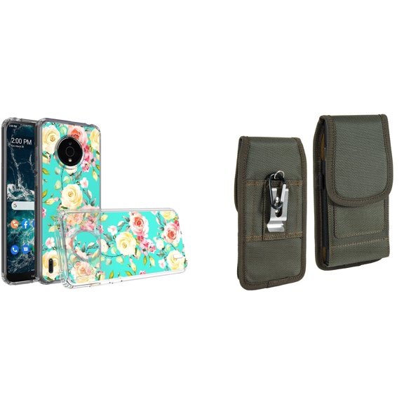 Case and Pouch Bundle for Nokia C200: Slim Series TPU Protector Case (White Pink Flowers on Teal) and Vertical Rugged Nylon Belt Holster (Midnight Green)