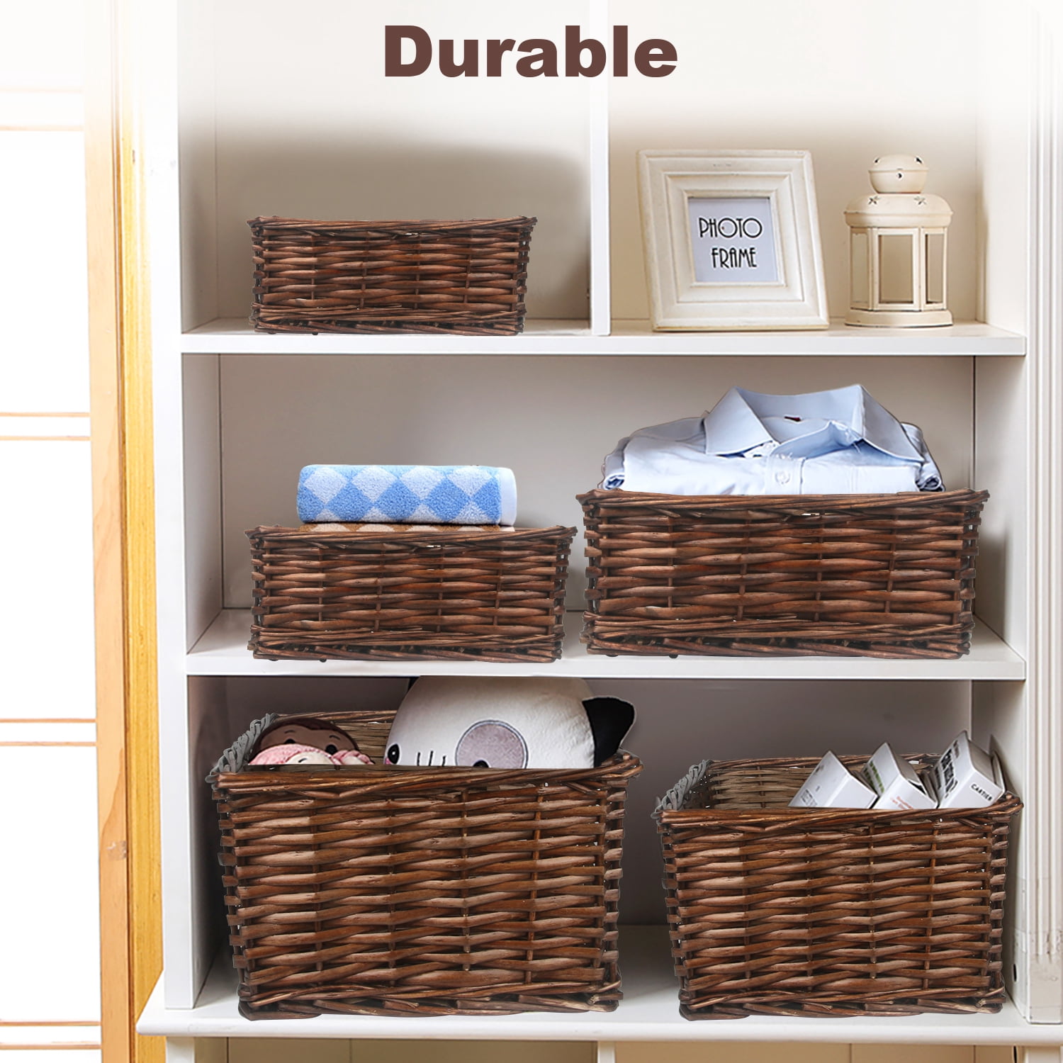 Set of 5 Size Handmade Wicker Storage Baskets, Water Hyacinth Woven Bins for Shelves Home Decorative (Brown)