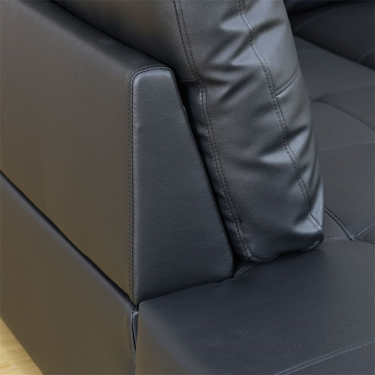 Hommoo Semi PU Synthetic Leather L-Shaped Couch Living Room Furniture Set, Modern 4-Seat Couch Sofa Set, Sectional Sofa Chaise Lounge for Home, Apartment, Dorm, Black(No Ottoman)