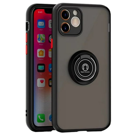 For iPhone 11 Transparent Slim Matte Colored Frame Shockproof Hybrid Ring Stand Magnet Car Mount Case Cover Black
