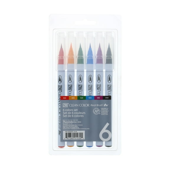 Kuretake Zig Clean Color Real Brush Marker Set, 6-Color Set